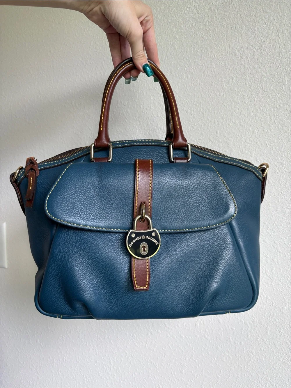 Dooney & Bourke Samba Blue Pebble Leather Satchel with Brown Trim